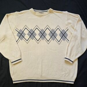 Vintage Bill Blass Argyle Sweater Men's XL Cream Gray Navy 100% Cotton